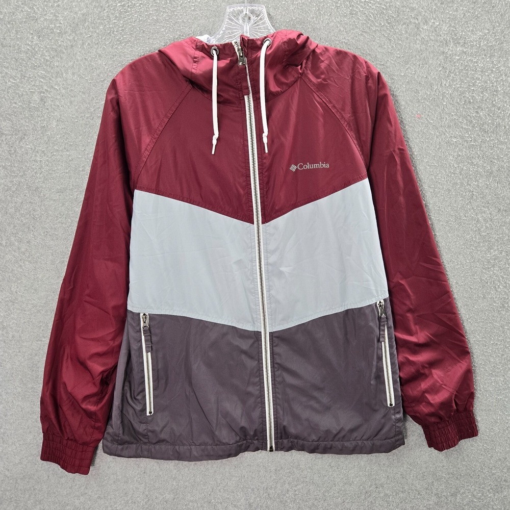 Columbia Women Jacket Small Red Colorblock Windbreaker Gray Full Zip Hoodie Logo
